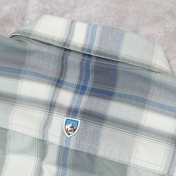 Kuhl Elixir Tapered Fit Short Sleeve Button Up Blue Green Plaid Shirt Mens L - Picture 7 of 16